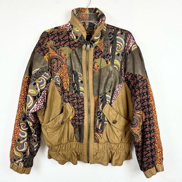 Vintage Tan Genuine Leather Patchwork Scrunched Full Zip Bomber Jacket Size S - Picture 9 of 16